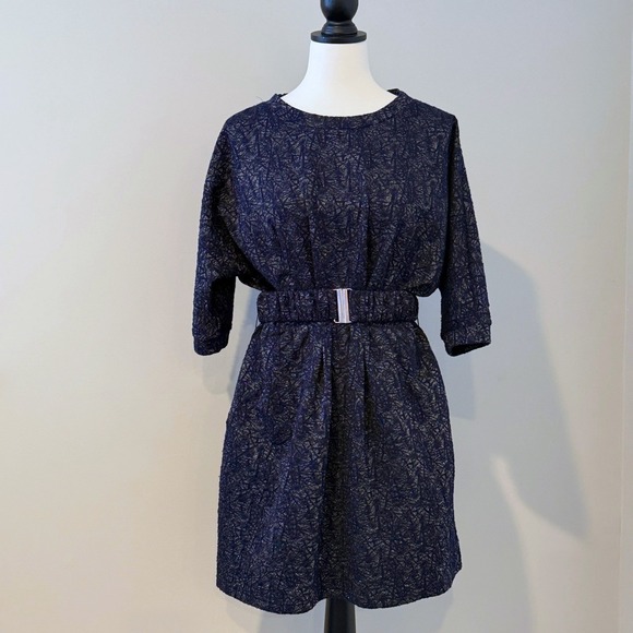 FRNCH Dresses & Skirts - FRNCH Navy Metallic Belted Party Dress – Shimmer Holiday Cocktail Dress - Small